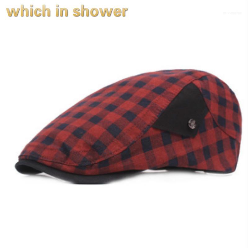 

which in shower cotton vintage women plaid flat cap casual adjustable female grid beret male peaked cap summer newsboy hat bone1, Red