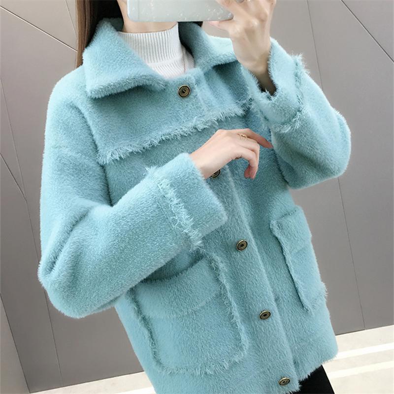 

Short Imitation Mink Wool Sweater Women 2021 Autumn Winter Fashion New Loose Long-Sleeved Cardigan Top Trendy 272, Blue