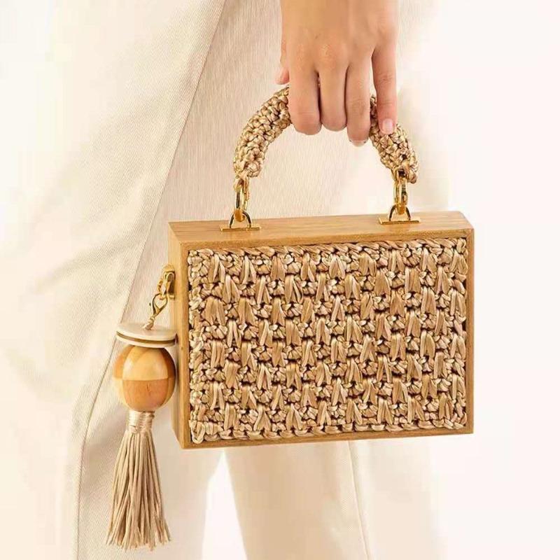 

Evening Bags Fashion Bamboo Tassel Straw Woven Bag Crossbody Single Shoulder Handag Rattan Rope Square Chain Strap Box 2022 Summer Beach Tot, Beige