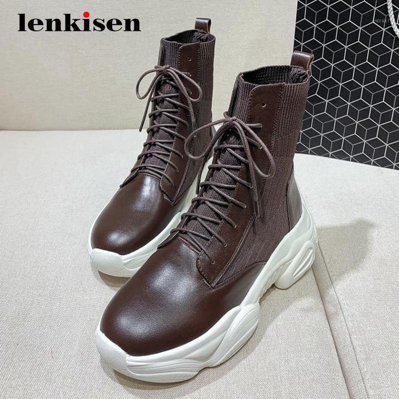 

Lenkisen 2020 sports boots real leather knitting thick bottom platform high heel round toe lace up energy lady ankle boots L8f11, Black