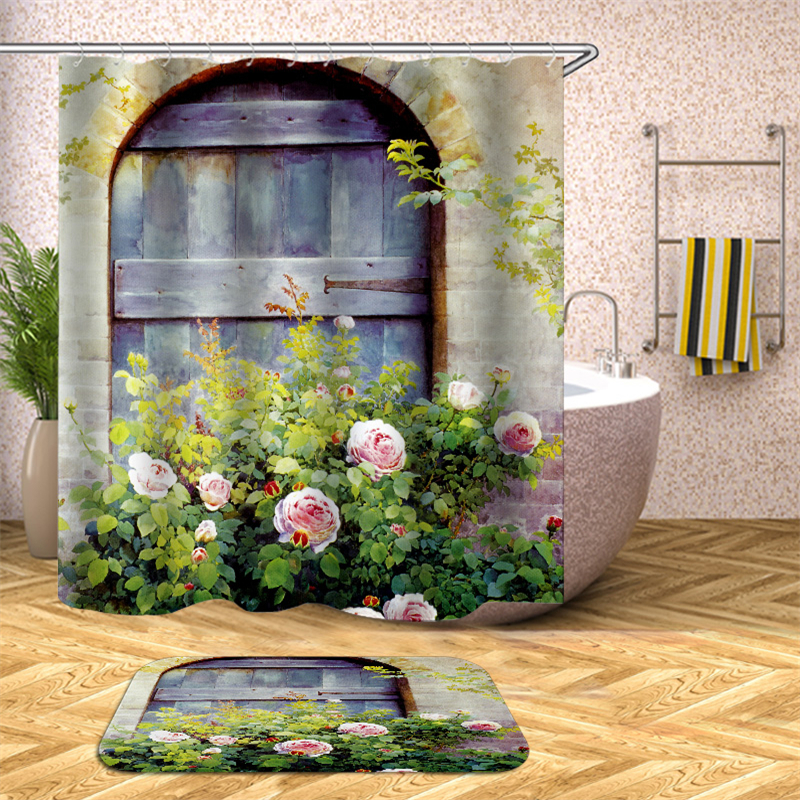 2021 Garden Scenery 3D Shower Curtain Flower Waterproof Green Bathroom