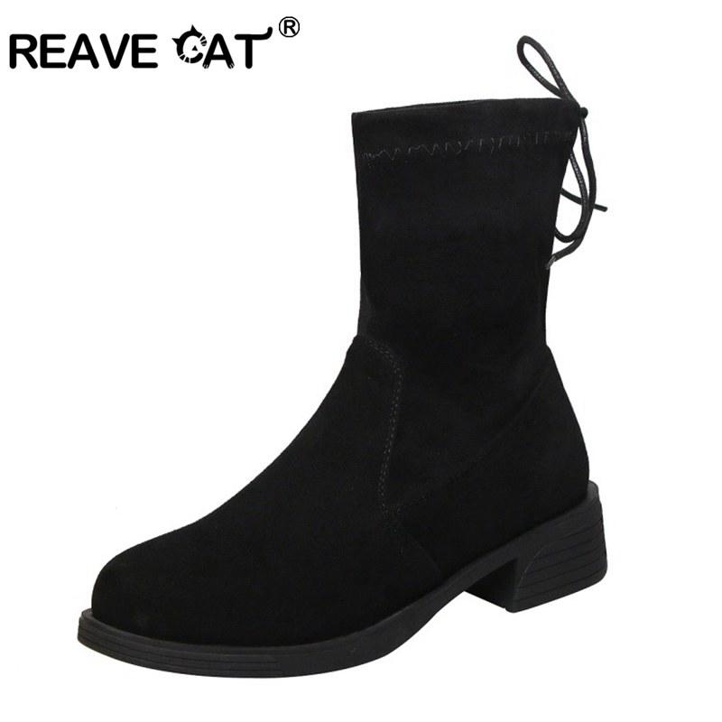 

REAVE CAT Real kid suade mid- calf boots black Spring autumn Low Heel Flat Boots lady slip on shoes big size 43, Black inside dan