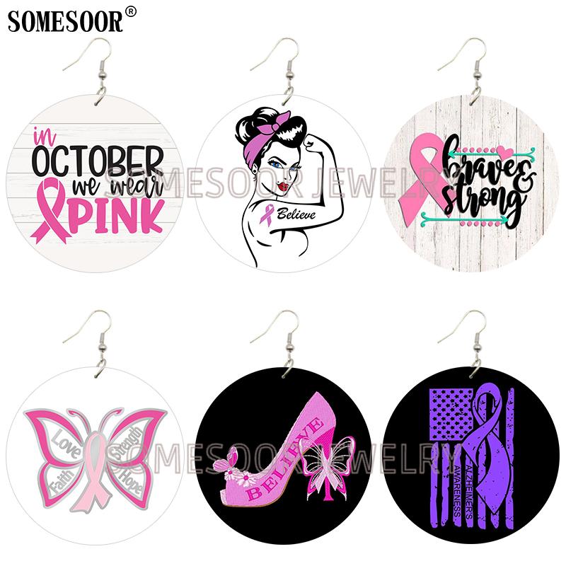 

SOMESOOR In October We Wear Pink Ribbon Fight Cancer Wooden Both Sides Printing Round Drop Earrings For Women Gifts