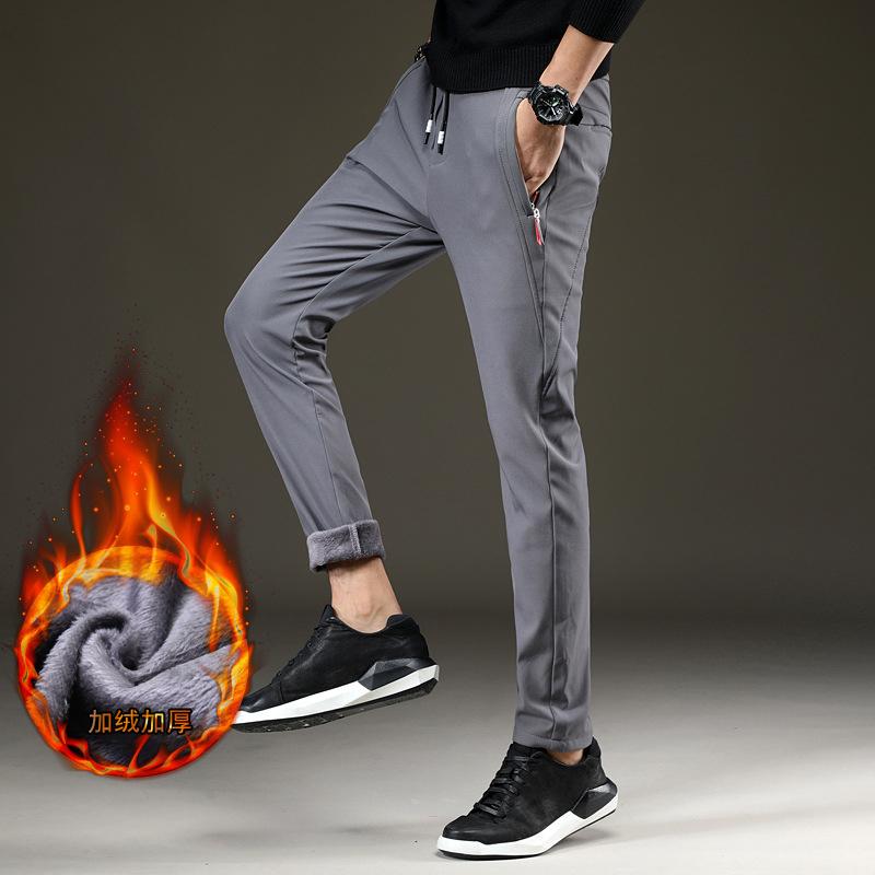 

2020 Autumn Winter Men's Velvet Casual Fleece Pants Warm Business Fashion Stretch Trousers Regular Warm Men's Pencil Pants,918A, Blue fleece