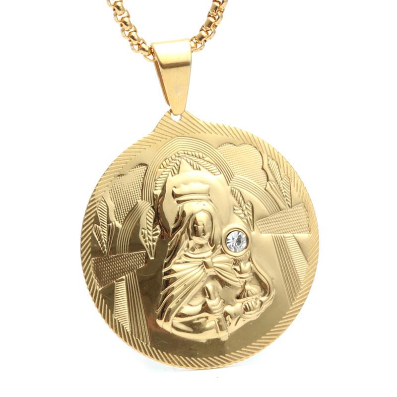

Virgin Mary Men's Necklace Round Pendant Gold Stainless Steel Mother of Jesus Catholicism Christian Religious Jewelry