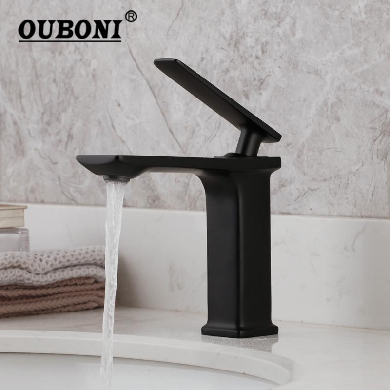 

OUBONI Matte Black Bathroom Faucet Wash Basin Sink Tap NEW Deck Mounted Solid Brass White Chrome Wash Basin Mixer Tap Faucet