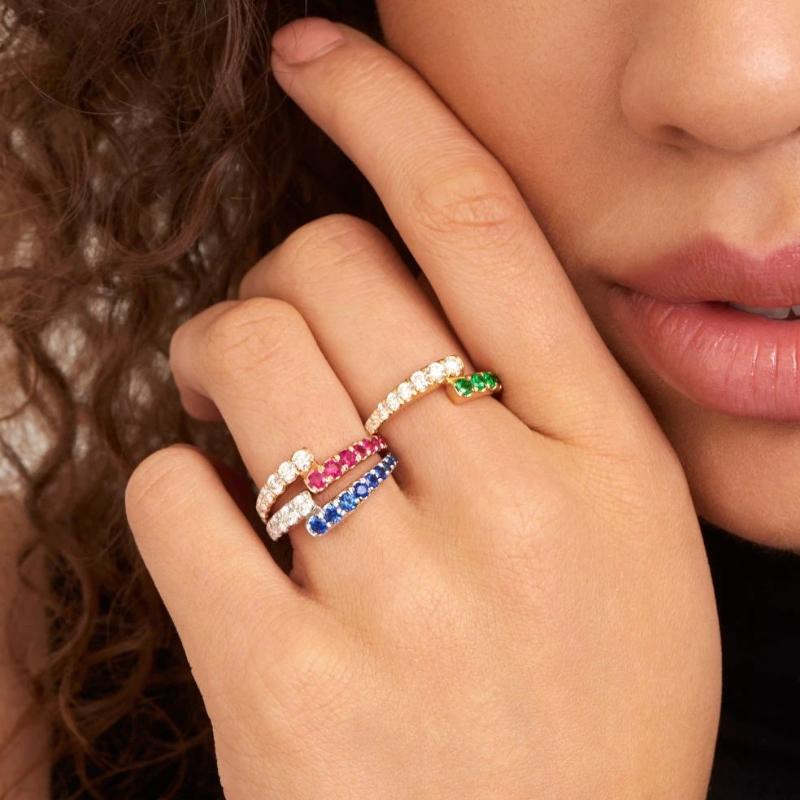 

Gold color metal white green red blue cubic zirconia open adjusted free size women finger stacking rings