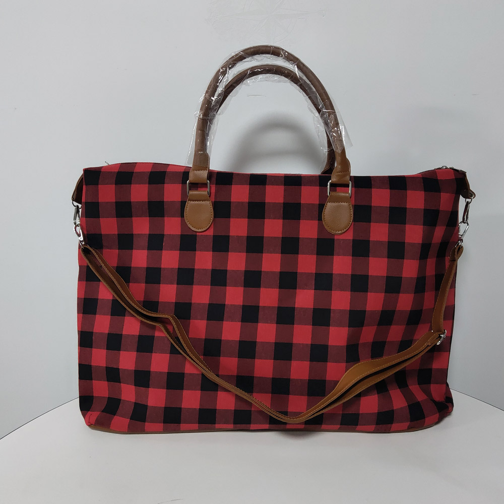 

Buffalo Plaid Travel Bag Large Capacity Leopard Duffle Custom Design Handbag Overnight Weekend Tote Bag With PU Strap DOM1045