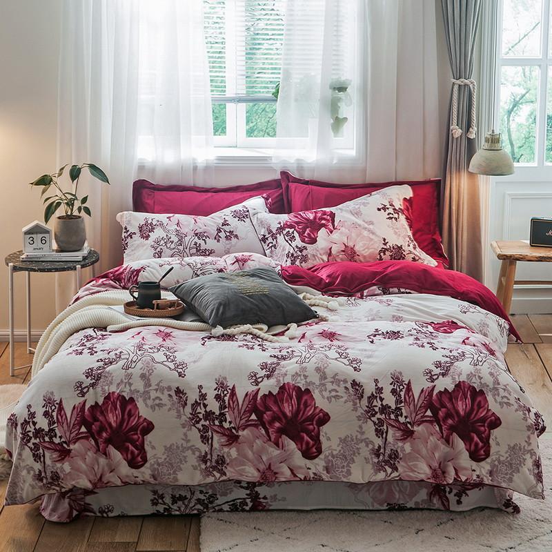 

Crystal Velvet Princess Style 4pcs Duvet Cover Flat Fitted Bed Sheet Pillowcases Bed Set Flowers Spring Coming Girls Home, Color 1