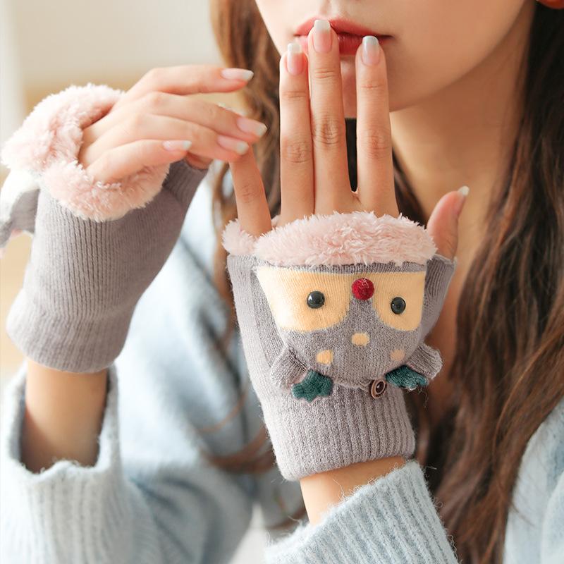 

Five Fingers Gloves Winter Faux Wool Knitting Cute Warm Women's Flip Half-finger Thicken Outdoor Fingerless Ski