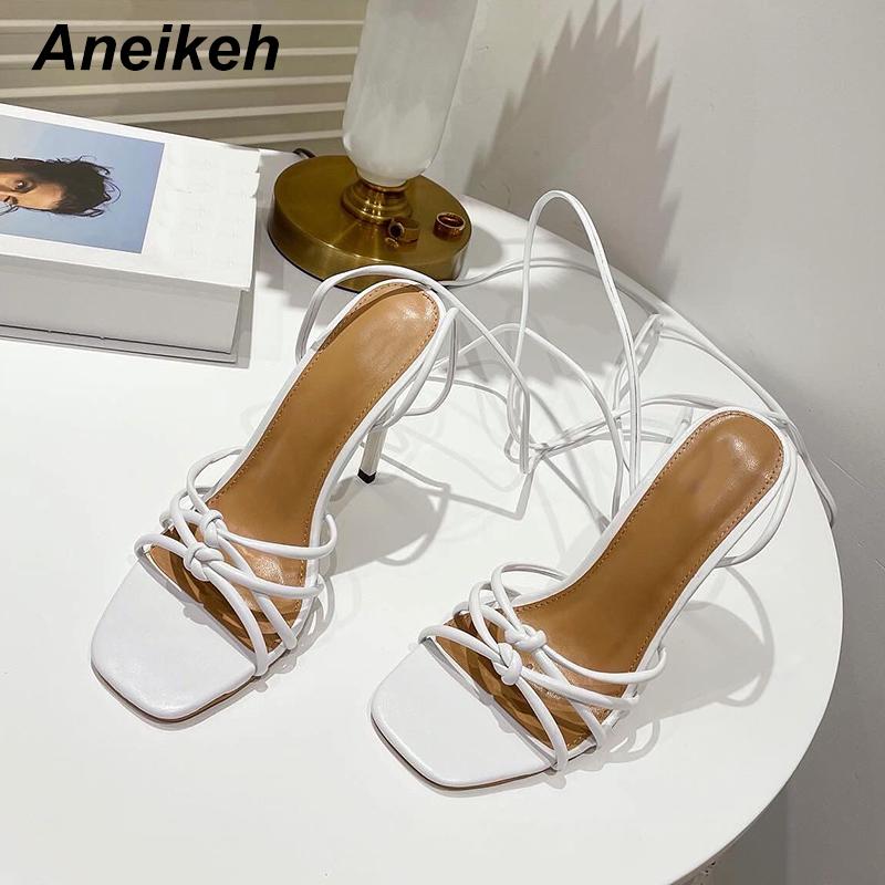 

Aneikeh 2021 Women Shoes New Summer Thin Heels PU Sandals Party Narrow Band Solid Concise Gladiator Square Toe Black Size 35-42, White
