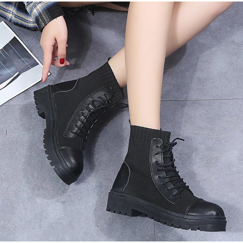 

2021 Women Ankle Boots Stretch Shoes Fashion Knitted Ladies Pu Lace Up Plaform Plus Size Comfort New Autumn Footwear Ckmn, Black