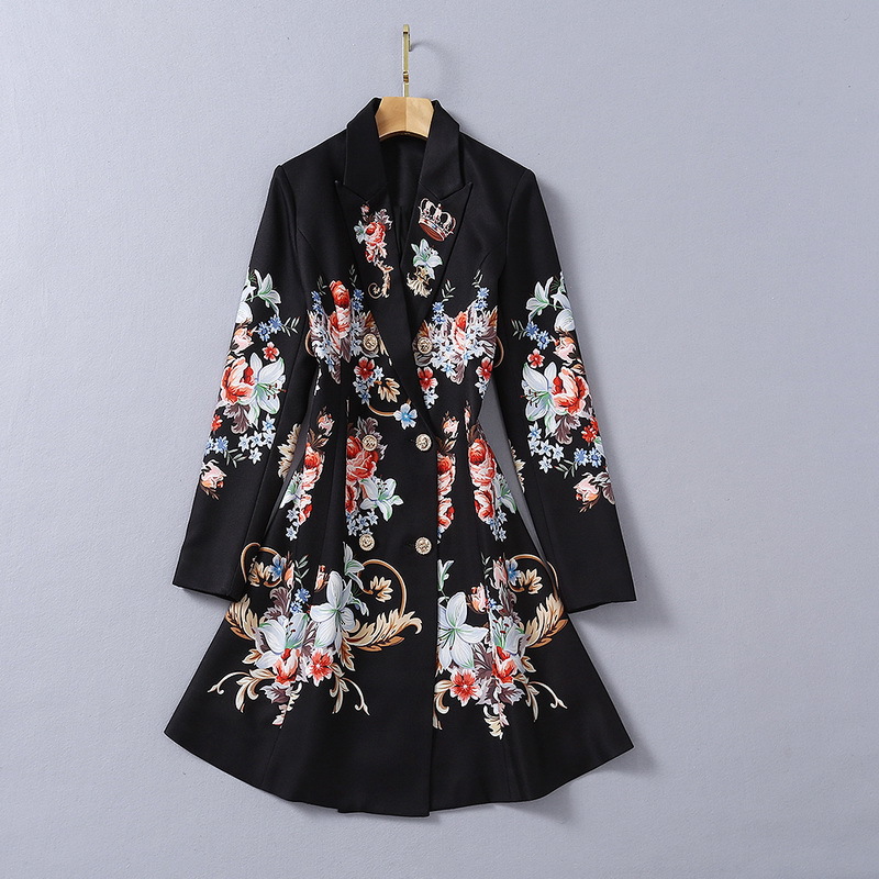 

European and American women's wear 2020 winter new style Long sleeves double breasted Retro floral prints fashion Trench coat, Tan;black