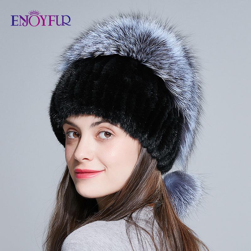 

ENJOYFUR Women fur hat for winter genuine skullies with silver fur pom poms top beanies hot sale Russia cap, 01y
