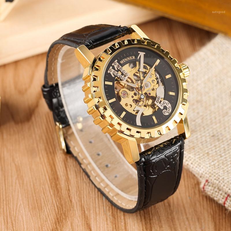 

Wristwatches WINNER Crystal Diamond Gear Bezel Automatic Self-Wind Mechanical Clock Male Watches Man Top Men's Watch 2021 1, White gold