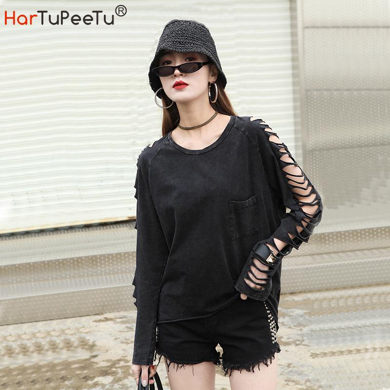 

Black T Shirt Women Oversized Autumn 2020 Punk Style Hollow Out Long Sleeve Solid Vintage Washed Cotton Tops