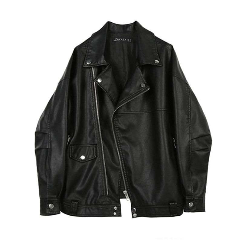 

2020 Faux Pu Leather Jackets For Women Spring Autumn Plus Size Loose Motorcycle Woman Jacket Turn-down Collar Zipper Coat Female, Black