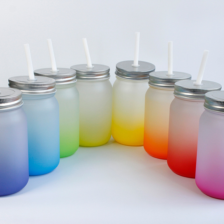 

15oz Sublimation cups Graduated Mason Jar drinkware bottles Sublimated matte glass tumblers with straw & lid heat transfer DIY have 8 colors