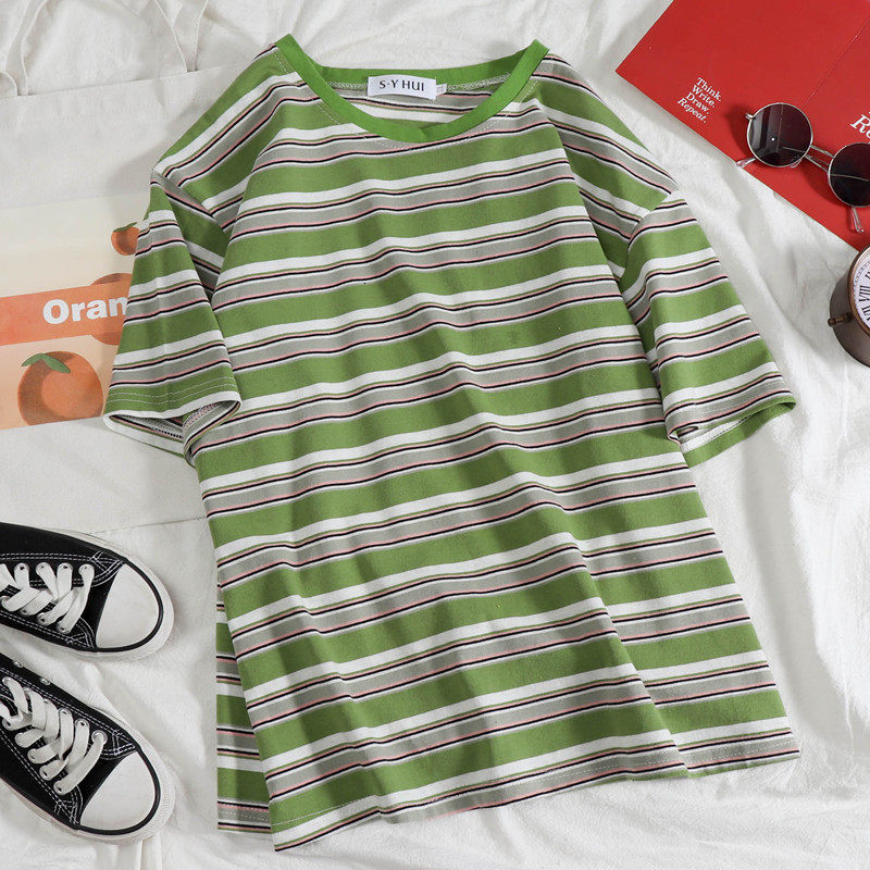 

2021 New Summer in Short Sleeves Striped Female T-shirt for Woman Oversize Loose Couple Friends the Neck of Women Topos Yt50274 ZK94, Style 6