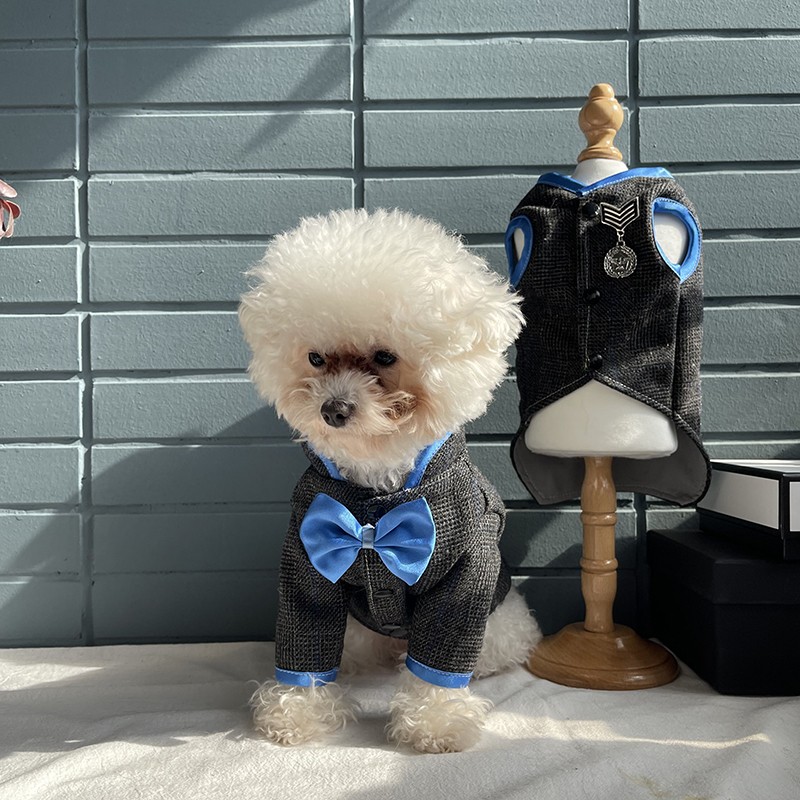 

Handmade Dog Apparel Clothes Pet Jacket Suit Cool Handsome Classic Gray Woolen Costume British Style Gentleman Wedding Birthday Party, Vest
