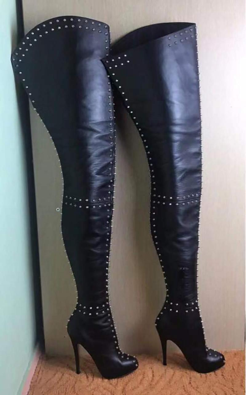 

2020 New Hot Style Women Thigh High Boots Sexy Club Platform Over Knee Boots Rivets Spikes Party Prom High Heel Winter1, Black