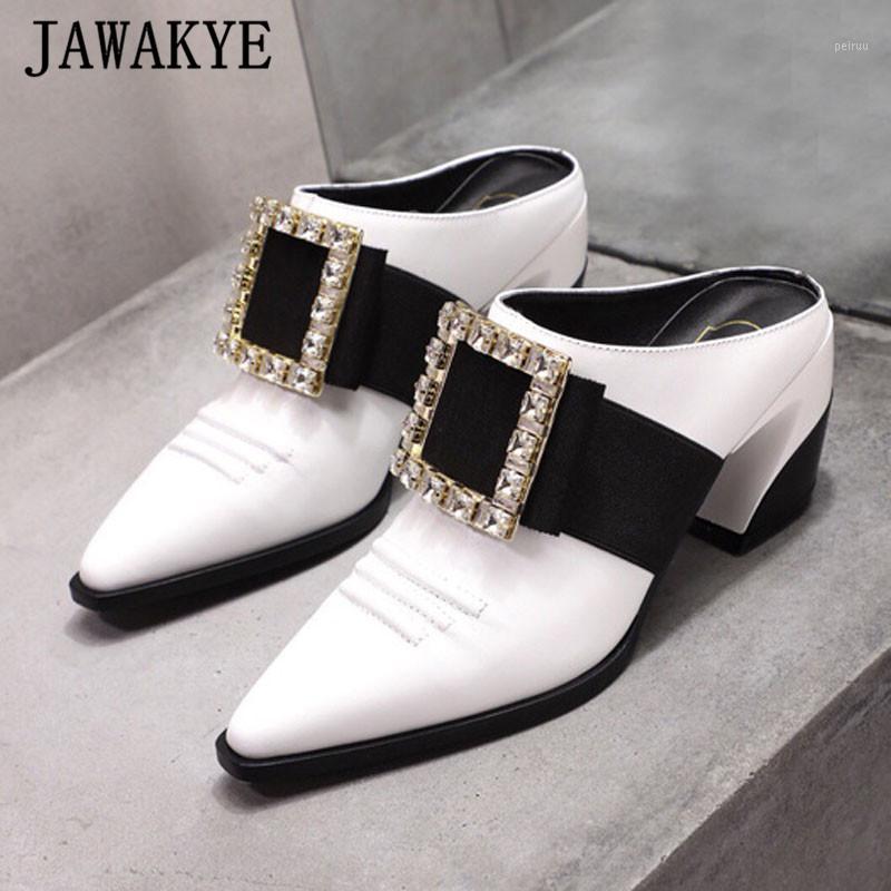 

British Style Real Leather Dress Mules Women Slides Big Square Crystal Buckle Slippers Point Toe Strange Heel Shoes Women1, White
