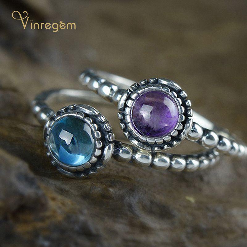 

Cluster Rings Vinregem Vintage 925 Sterling Silver Blue Topaz Peridot Gamet Amethyst Gemstone Wedding Engagement Ring For Women Fine Jewelry, Golden;silver