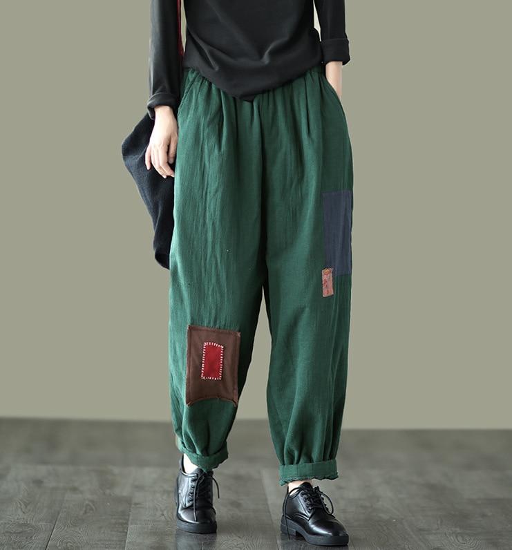 

FairyNatural Vintage Ladies Elastic Waist Padded Pants Women New Patchwork Loose Casual Long Trousers Spring Winter, Gray