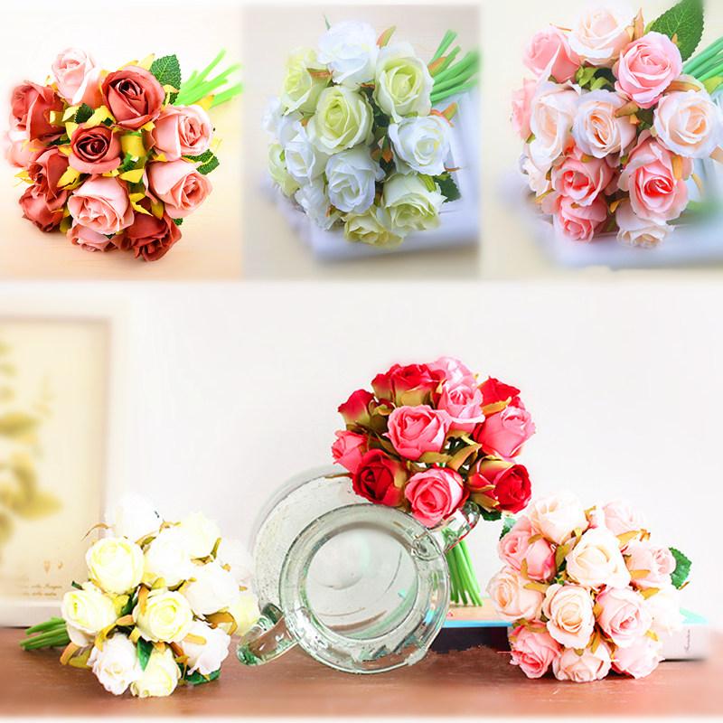 

12heads artificial flower bunches rose flowers fake plant leaves leaf Wedding Bouquet decoration home office hotel decor, Orange