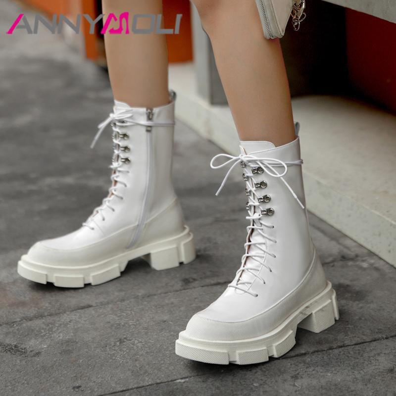 

ANNYMOLI Real Leather Platform Mid Heel Boots Women Motorcycle Boots Shoes Zip Lace Up Block Heels Mid Calf Lady White 40, Black synthetic lin