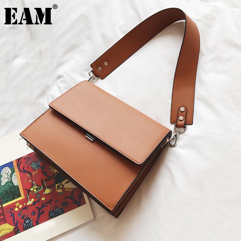 

[EAM] Women New Trend Wide Strap Square PU Leather Flap Personality All-match Crossbody Shoulder Bag Fashion Tide 2021 18A1739, Black