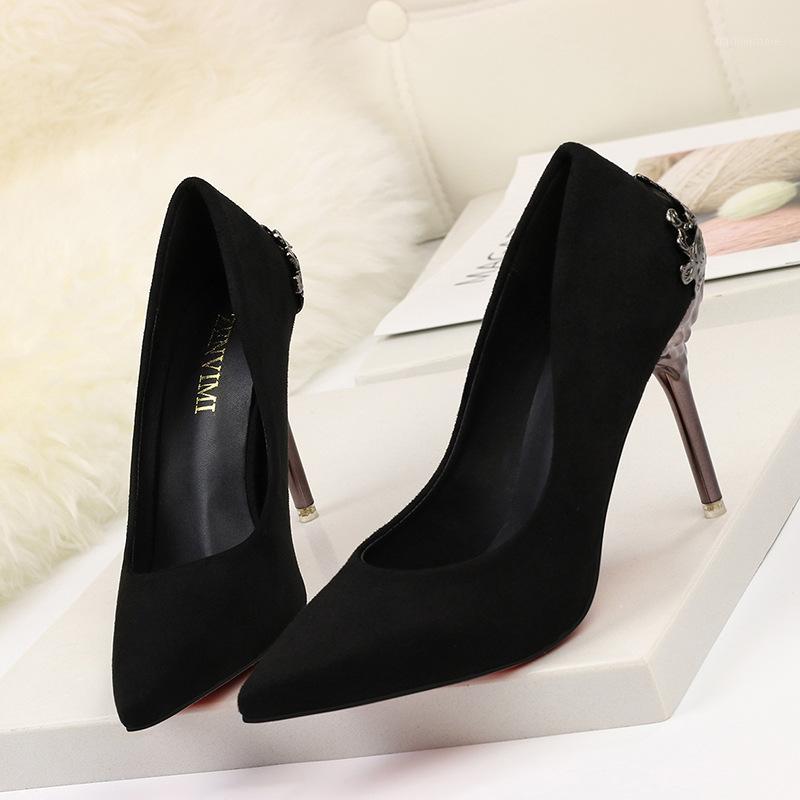 

NEW 9.5CM PUMPS Sexy shallow mouth super high heel suede wedding shoes temperament women's shoes women's pointed high heels1, Black
