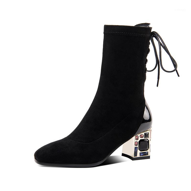 

Patchwork Cow Suede Leather Female Big Size Black Boots Prom Dancing Shoes Woman Winter Elegant Women Mid-calf Boots1