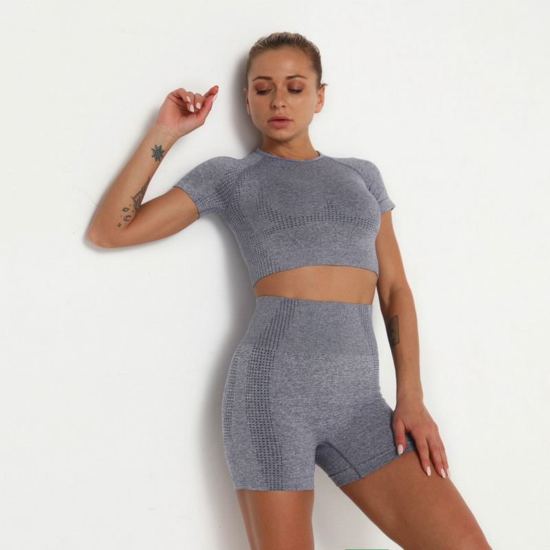 

Seamless Yoga Set Women Short Sleeve 2 Piece Set Women Sport Crop Tops+Fitness Shorts Gym Clothing High Waist Gym Workout, Black