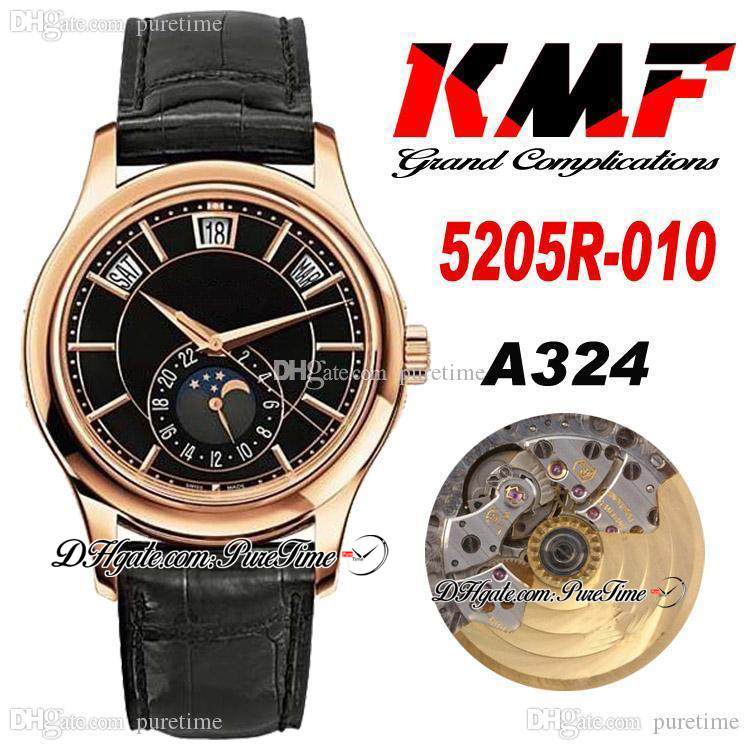

KMF Complications Annual Calendar Cal.324SC Automatic Mens Watch Rose Gold 5205R-010 Black Dial Moon Phase Leather Strap Watches Super Edition Puretime E04e4, Customized waterproof service