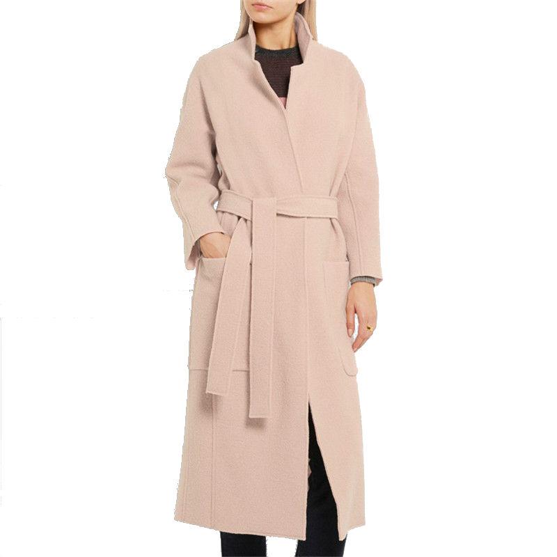 

2020 New Fashion All-match Women Winter Coats Medium-long Turn-dwon Collar Slim Outwear Cashmere Overcoat Wool Blends Coats, Pink