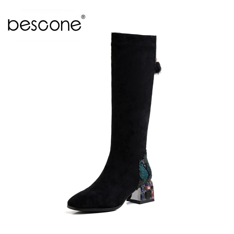 

Bescone Women Long Boots Black Suede Winter Warm Fashion Round Toe Gem Square Heel Knee High Boots BM603