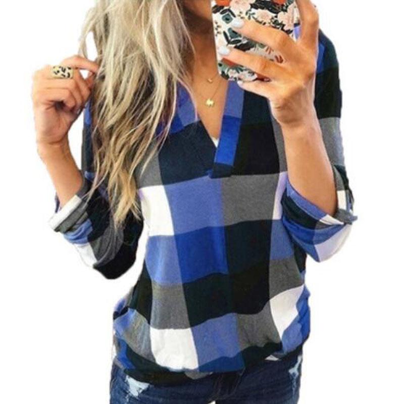 

Plaid V-neck Blouse Women Long Sleeve Autumn Tops MX0007, Blue