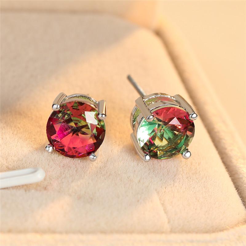 

8MM Round Rainbow Stone Stud Earrings For Women Mystic Jewelry Vintage Fashion Gradient Zircon Screw Earrings Female Ear Studs