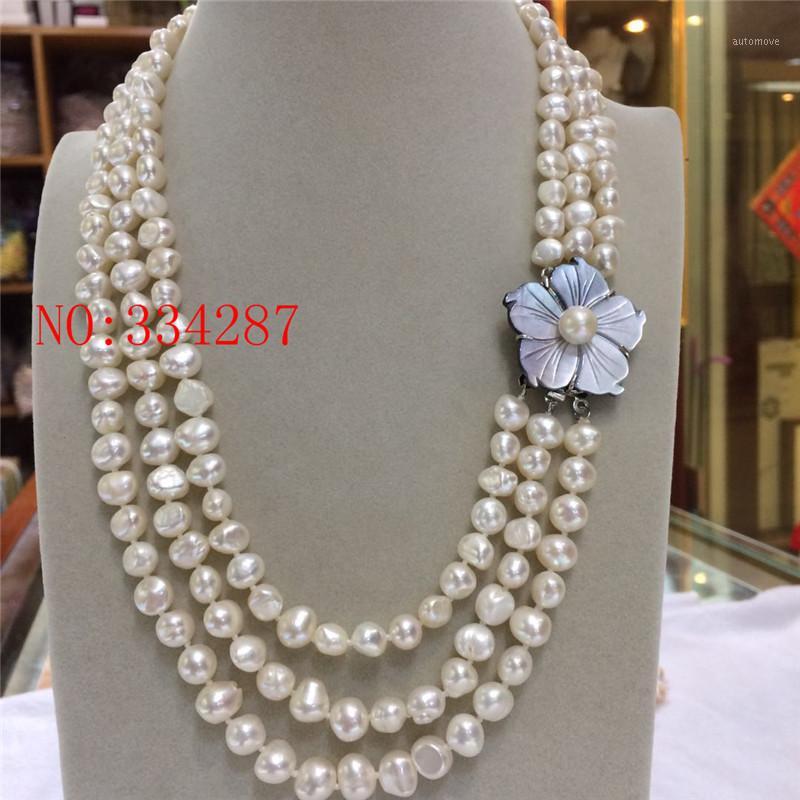 

New 3 rows white natural irregular freshwater pearl necklace 8-9MM 19-21inch1