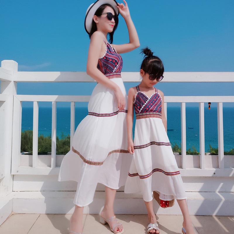 

PPXX Summer Girl Dress Beach Women Mexi Dress Sexy Mother Daughter Family Matching Outfits Beach Cardigan Family Look, White