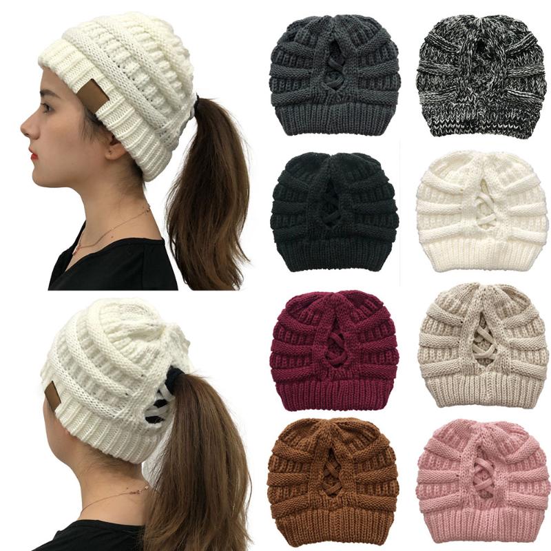 

Beanie/Skull Caps 2021 Style Horsetail Hat Winter Warm Female Cap For Womens Foldable Knitted Casual Beanies Thick Outdoor, White