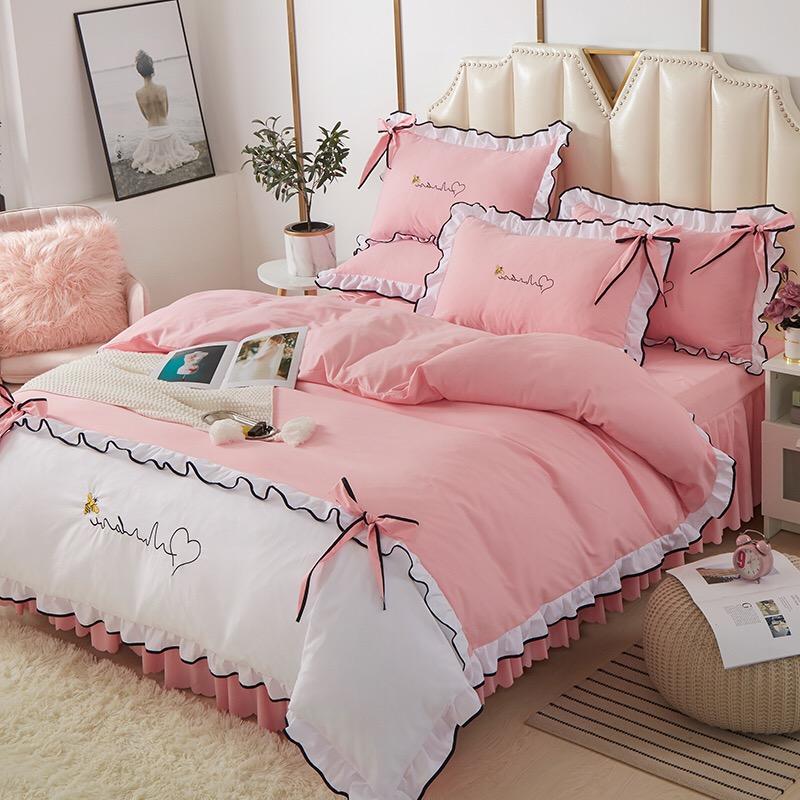 

Net Celebrity Korean Style Lace Quilt Bed Skirt Four-piece Pure Cotton Cotton Plus Bed Skirt Princess Style Bedding, Lucky- sky blue