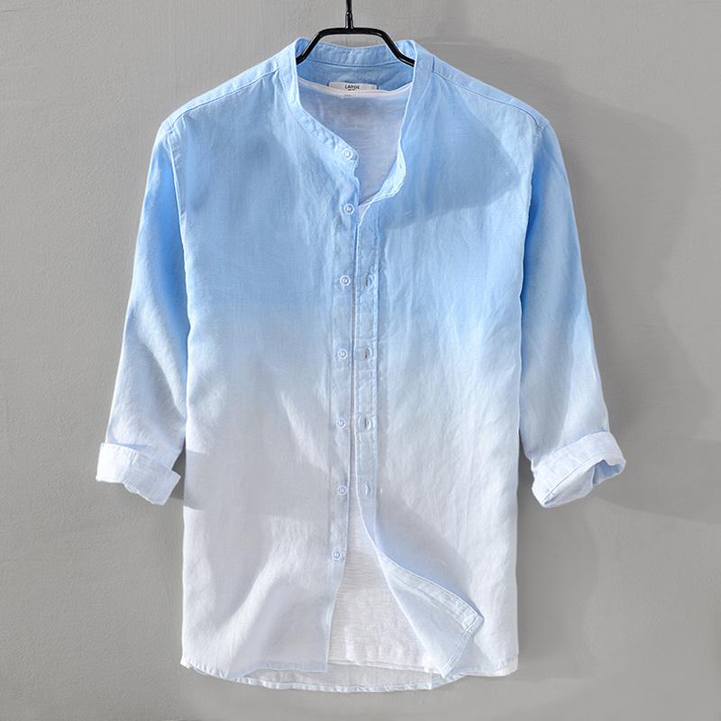 

New style stand collar gradient blue shirt men linen breathable fashion men shirts M-3XL three-quarter sleeve shirt male chemise