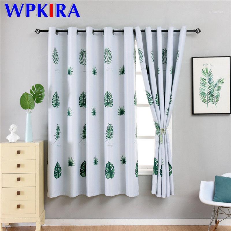 

Modern Printed Green Leaves Blackout Curtains For Living Room Bedroom Window Grey Curtain For Kitchen Short Office Drape SQ006D31, White tulle