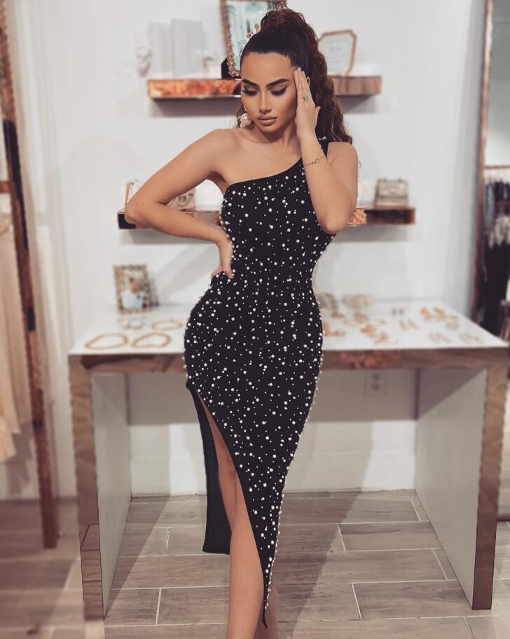 

Summer Fashion Sexy One Shoulder Pearl Beading Knee Length Bodycon Women Bandage Dress 2020 Elegant Evening Party Dress Vestido, Black