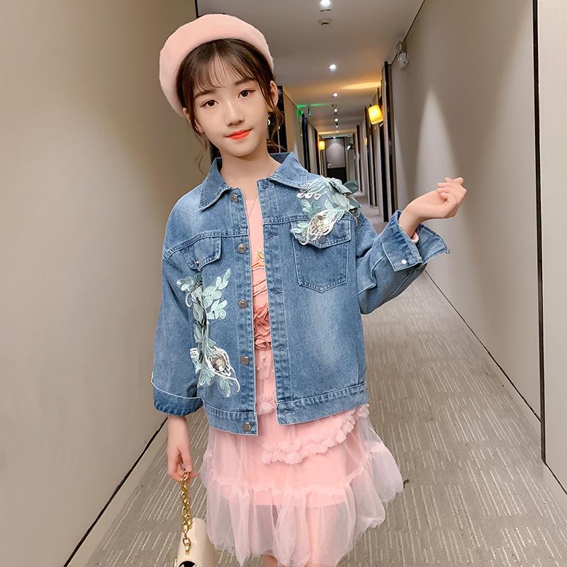 

2021 Spring Autumn Childrenswear New Style Girls Sweet Stereo Flowers Jeans Coat Middle and Large Children Western, Blue