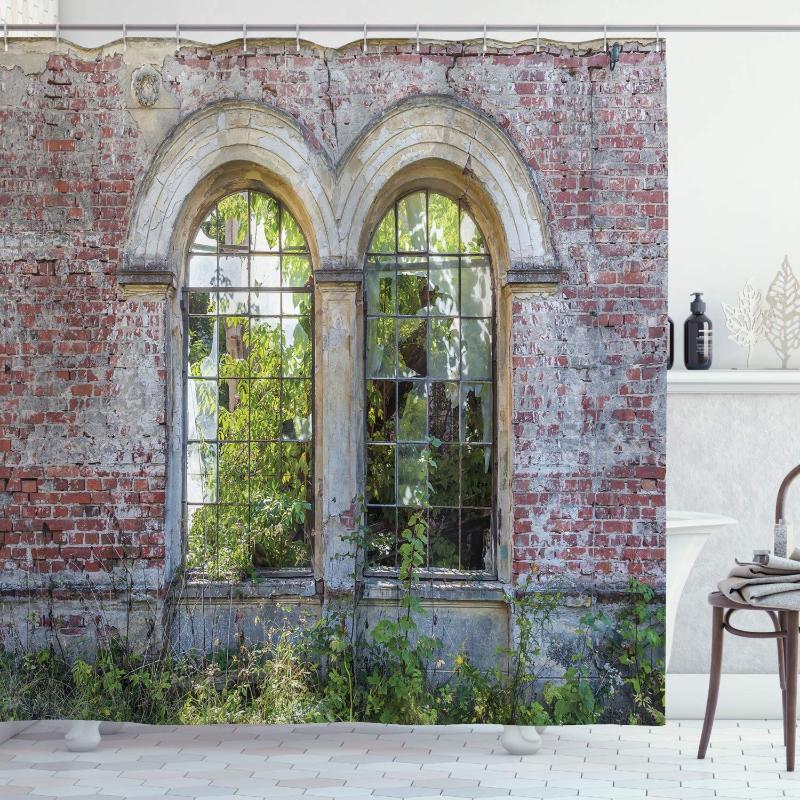 

Building Decor Shower Curtain Old Red Brick Stone Made House with Wide Long Windows in Grass Artwork Fabric Bathroom Decor Set1