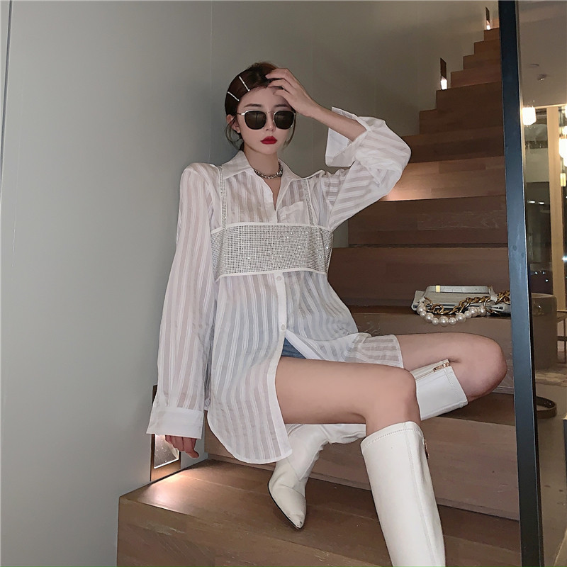 

2021 New Mode Female Shirts Two Pieces Striped Sequins Chic White Blouse Blingbling Loose Tops Korean Fashion Clothes JHQQ, Multi