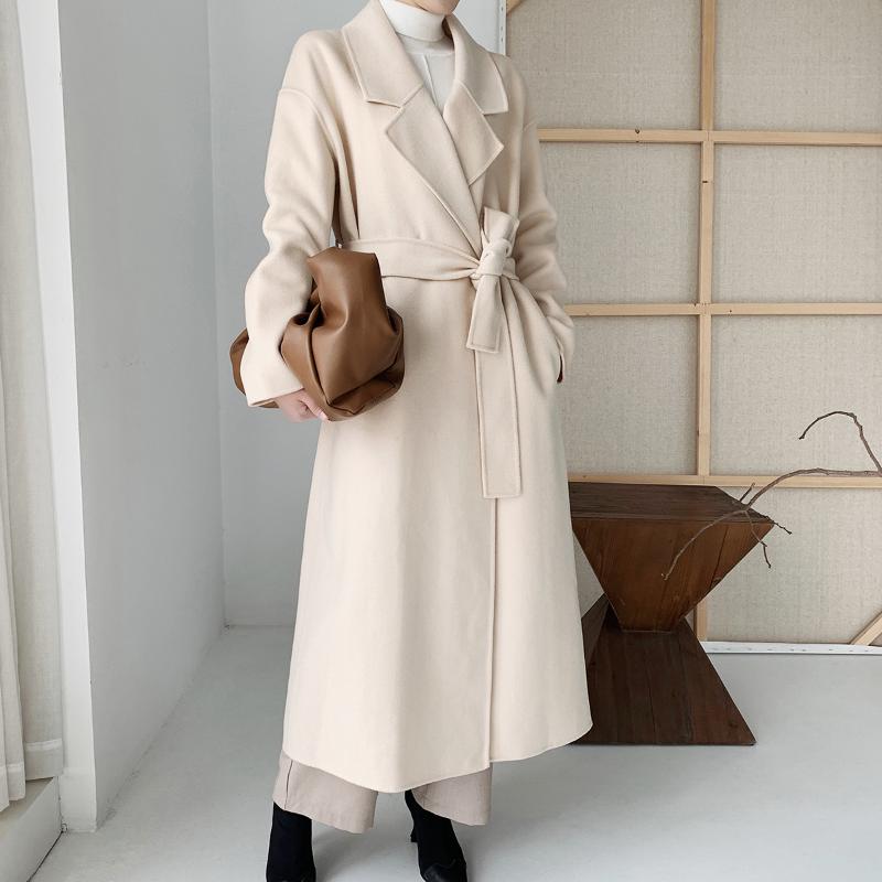 

Women Wollen Trench Wool Blend Coat Beige Mid-length Woolen Coat with Belt Wool Women, Black